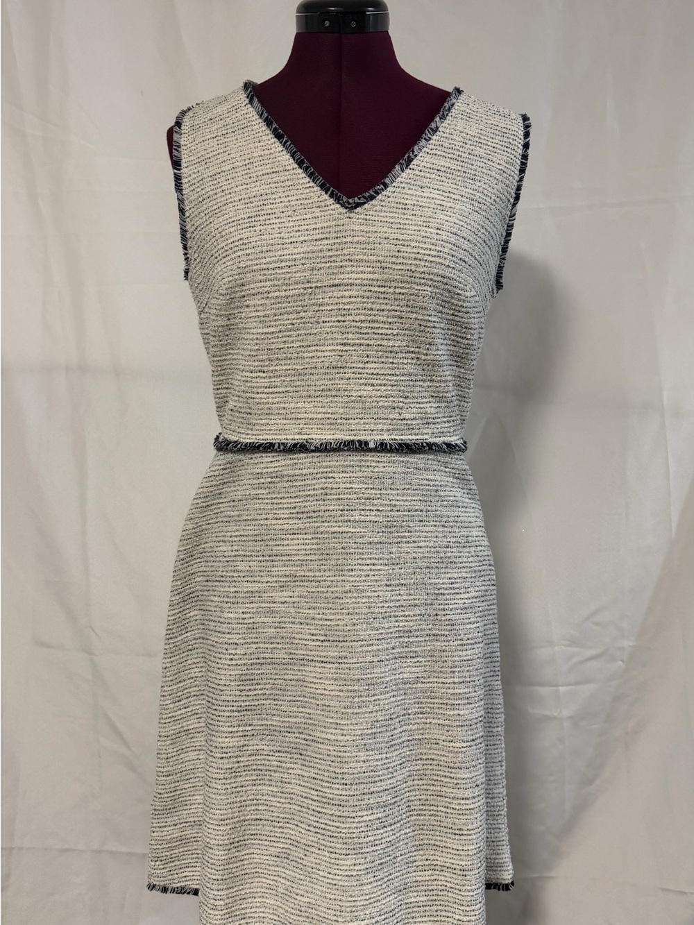 LOFT Ivory Tweed V-Neck Shift Dress with Black Trim